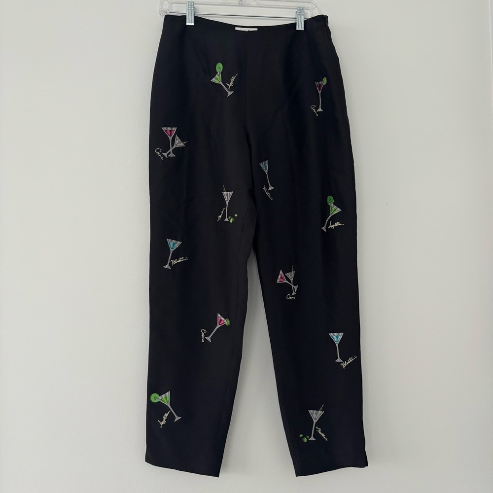 Vintage SLB Silk Pant Black Cocktail Print Boho Chic Trousers Party Women's 6